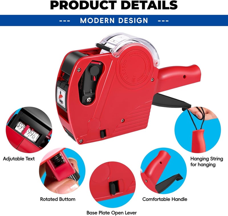 LonXFan Price Gun,Handheld Price Tag Gun Red Pricing Gun with Extra 10,000 Pad Labels and 2 Pack of Inks Price Guns Tool Set for Retail, Price Stamp for Groceries Price Labeling - Image 2